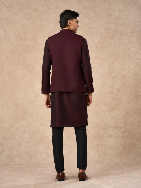 Manyavar Wine Blended Rayon Nehru Jacket with Pocket Pin