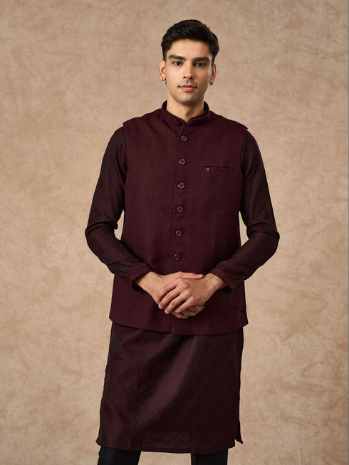 Manyavar Wine Blended Rayon Nehru Jacket with Pocket Pin