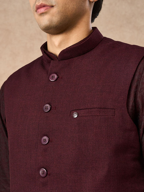 Manyavar Wine Blended Rayon Nehru Jacket with Pocket Pin
