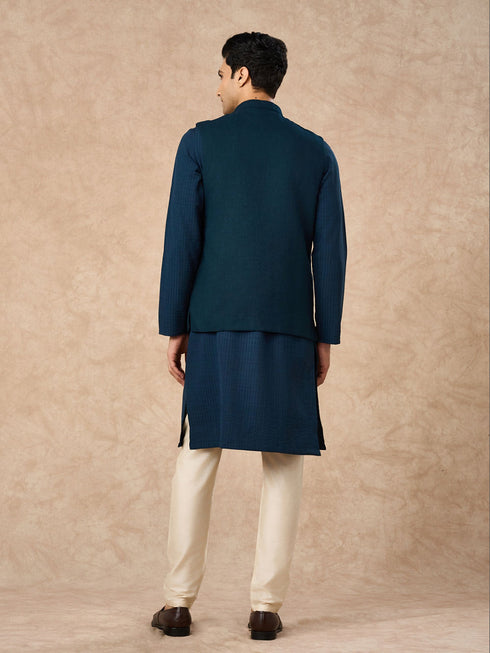 Manyavar Teal Blue Blended Rayon Nehru Jacket