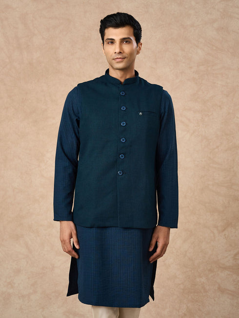 Manyavar Teal Blue Blended Rayon Nehru Jacket
