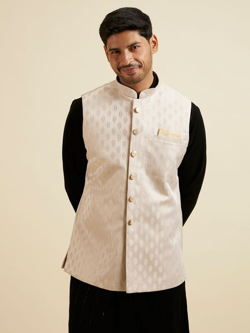 Manyavar Beige Brocade Jacket with Leaf Motifs