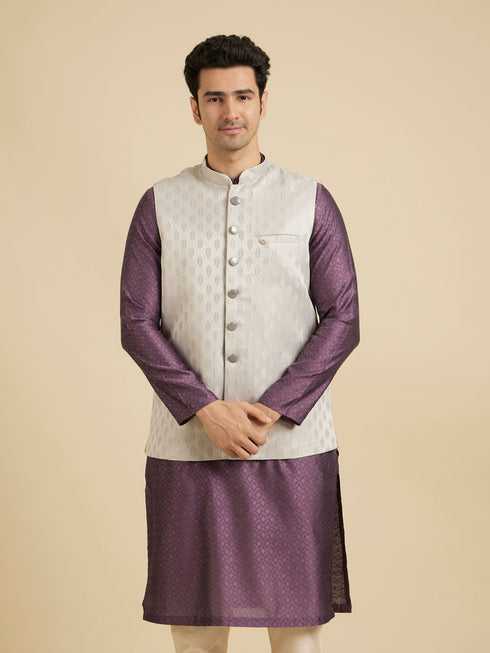 Manyavar Luxurious Light Grey Brocade Nehru Jacket