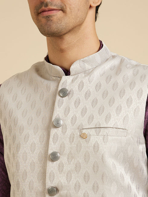 Manyavar Luxurious Light Grey Brocade Nehru Jacket