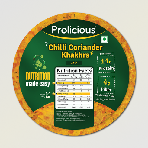 Prolicious Chilli Coriander Khakhra 10g Natural Protein