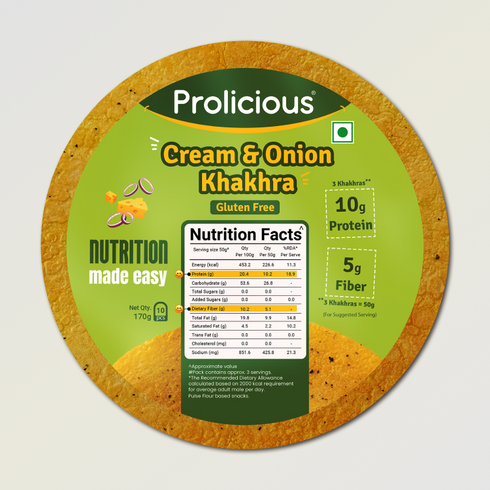 Prolicious Cream & Onion Khakhra 10g Natural Protein Gluten Free
