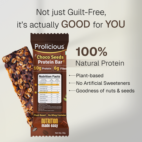 Prolicious Choco Seeds Protein Bar Single Pack 10g Natural Protein