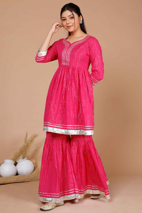 Miravan Womens Pink Printed A Line Gotta Patti Lurex Cotton Kurti With Sharara