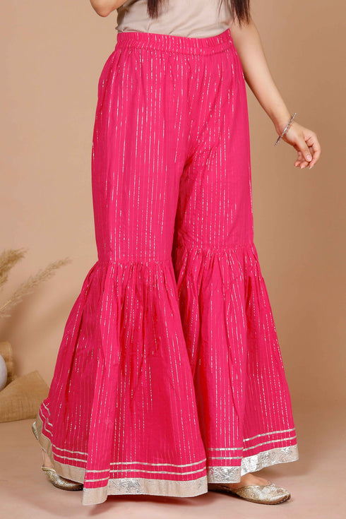 Miravan Womens Pink Printed A Line Gotta Patti Lurex Cotton Kurti With Sharara