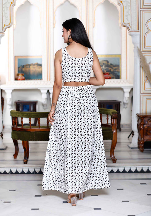 Miravan Womens White Animal Print Round Neck Top With Side Slit Skirt Co Ord Set