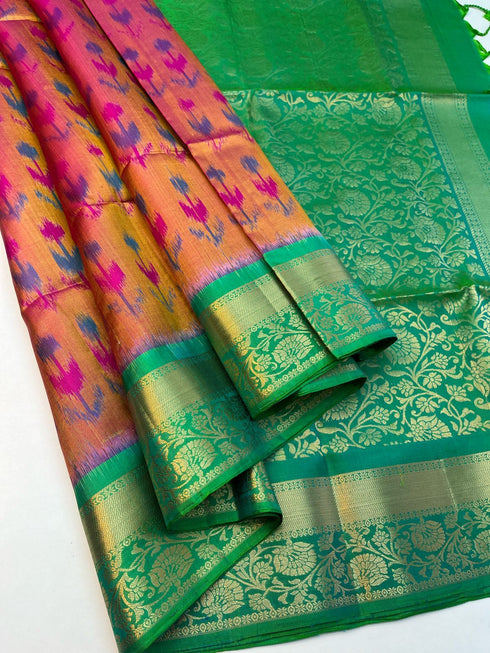 Prakruthi Vivaha Peach with Green Pochampally ikkat with Sleeve Work Handloom Soft Silk Jaquard Border Saree
