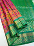 Prakruthi Vivaha Peach with Green Pochampally ikkat with Sleeve Work Handloom Soft Silk Jaquard Border Saree