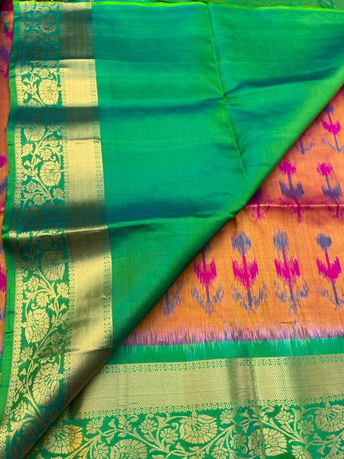 Prakruthi Vivaha Peach with Green Pochampally ikkat with Sleeve Work Handloom Soft Silk Jaquard Border Saree