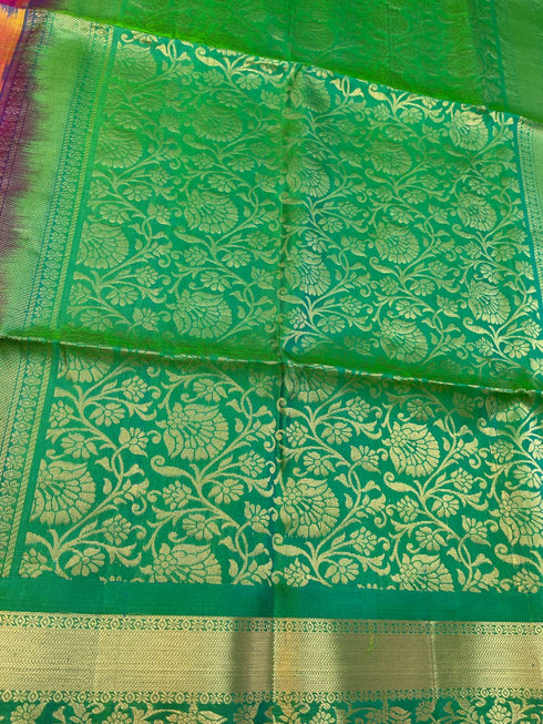 Prakruthi Vivaha Peach with Green Pochampally ikkat with Sleeve Work Handloom Soft Silk Jaquard Border Saree