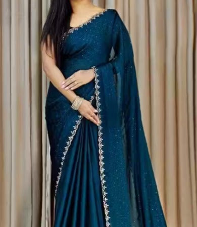 Vasthrlay Women's Dailywear Georgette Stone Work Saree with Border | All-Over Stone Embellishments