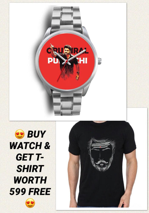 Style Make Ilayathalapathy Vijay Designed Silver Watch Imported Stainless Steel Watch Free T shirt