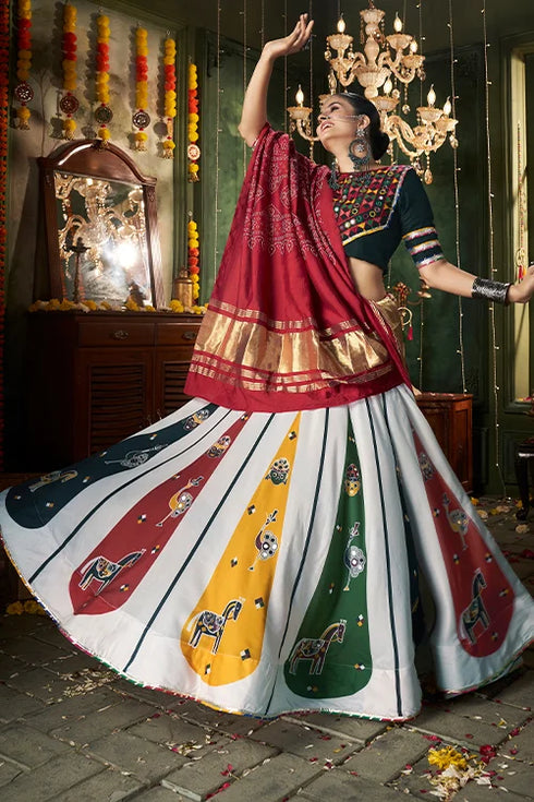 Shubhkala White Print With Mirror Work Chaniya Choli For Navratri Collection in 2024