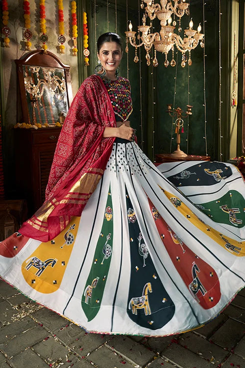 Shubhkala White Print With Mirror Work Chaniya Choli For Navratri Collection in 2024