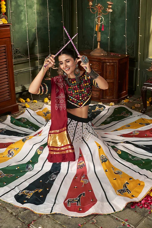 Shubhkala White Print With Mirror Work Chaniya Choli For Navratri Collection in 2024