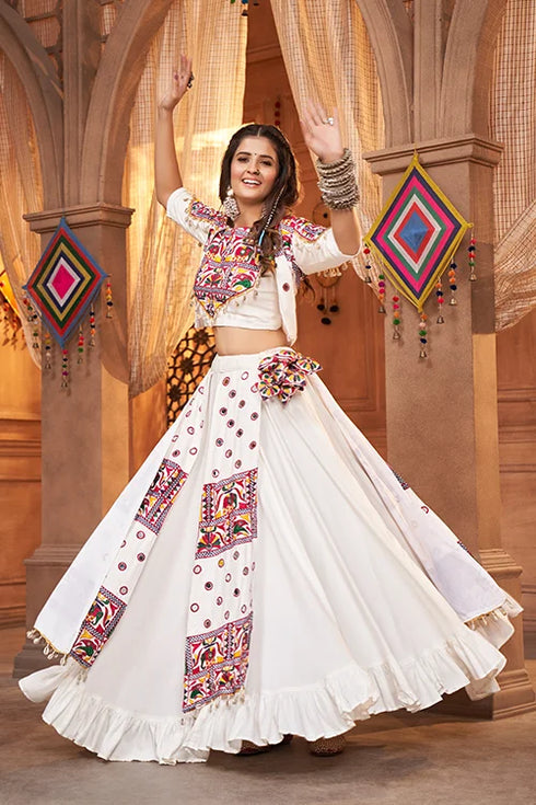 Shubhkala White Beautiful Embroidered Designer Koti Style Chaniya Choli for Navratri