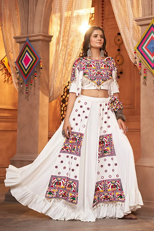Shubhkala White Beautiful Embroidered Designer Koti Style Chaniya Choli for Navratri