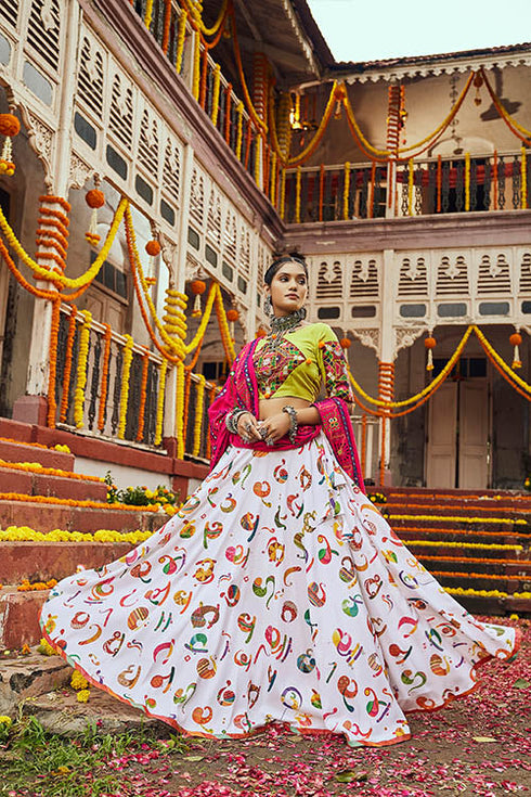 Shubhkala White Maslin Cotton Digital Printed Navratri Lehenga