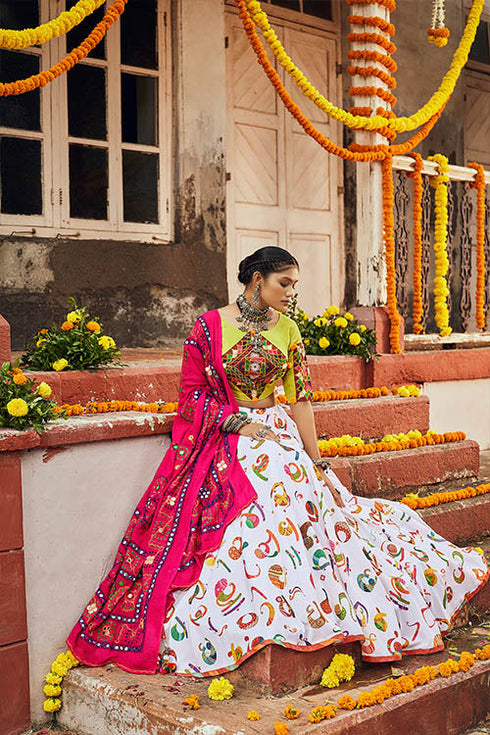Shubhkala White Maslin Cotton Digital Printed Navratri Lehenga