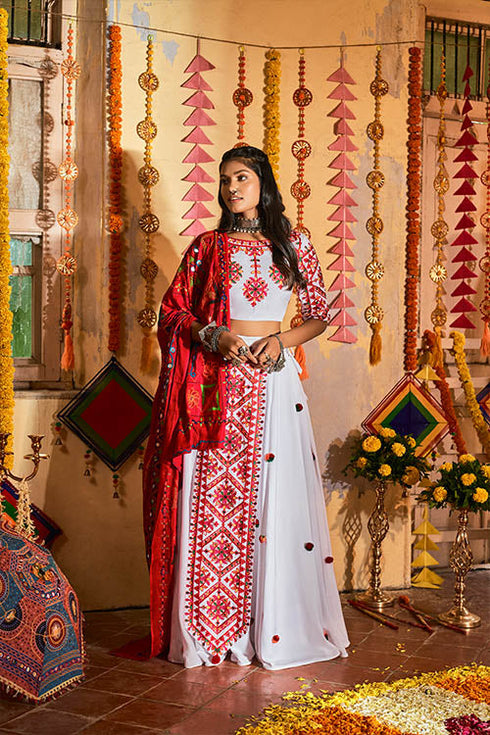 Shubhkala White Maslin Cotton Thread Embroidered Navratri Lehenga