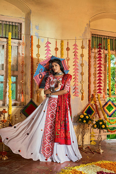 Shubhkala White Maslin Cotton Thread Embroidered Navratri Lehenga