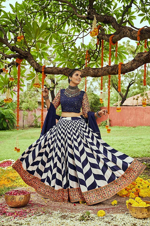 Shubhkala White & Navy Maslin Cotton Digital Printed Navratri Lehenga