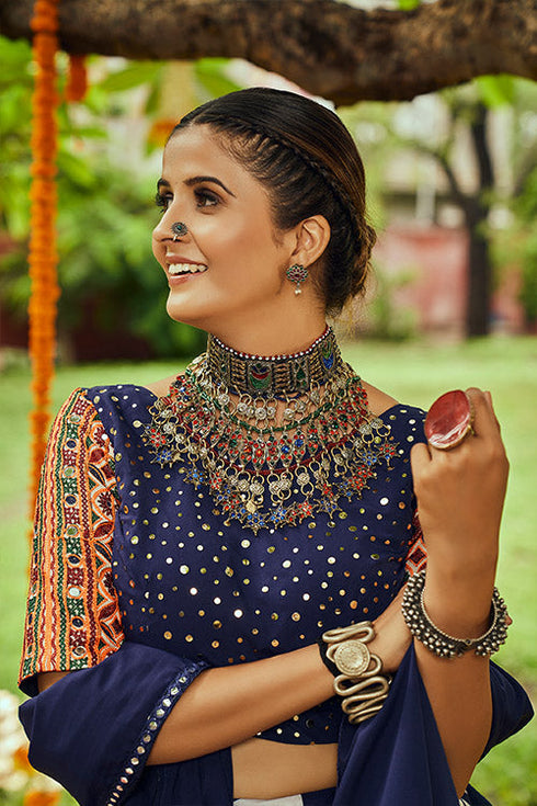 Shubhkala White & Navy Maslin Cotton Digital Printed Navratri Lehenga