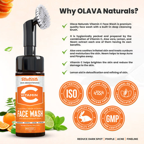 Olava Naturals Vitamin C Face Wash - Skin Brightening Foaming Face Wash with Built-In Deep Cleansing Brush