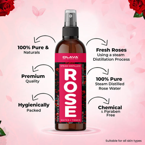 Olava Naturals Pure Rose Water - 100% Pure and Natural Steam Distilled Gulab Jal Face Toner
