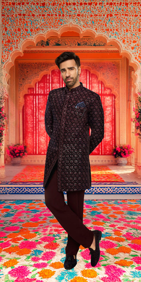 Manyavar Dark Blue Velvet Enchanting Ensemble Indo Western