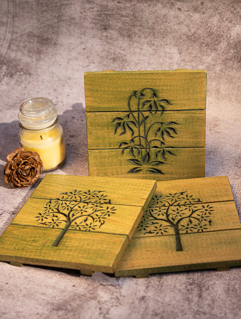 The India Craft House Wood Engraved Pot Holders Foliage 600g