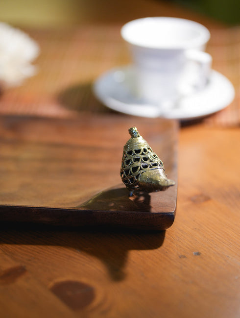 The India Craft House Wood & Dhokra Craft Small Platter With Dhokra Bird | Square