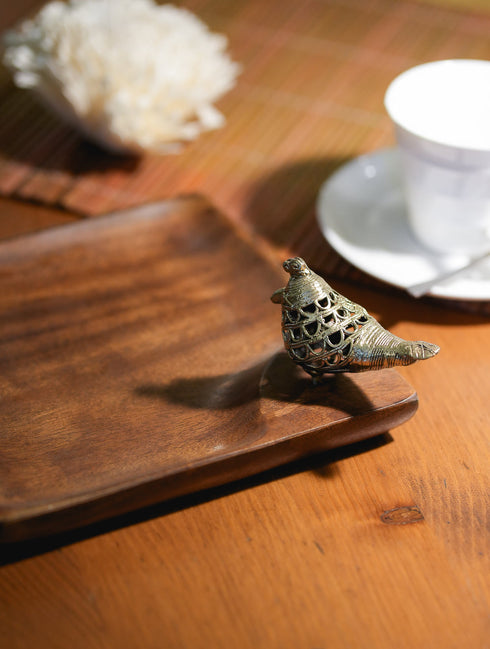 The India Craft House Wood & Dhokra Craft Small Platter With Dhokra Bird | Square
