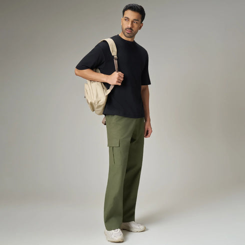 XYXX Textured Wide-Straight Fit Cargo Pants - Olive Green