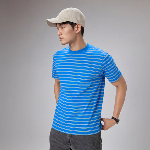 XYXX Stripe Cotton Crewneck T-shirt - Pacific Blue
