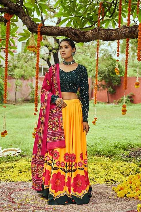 Shubhkala Yellow Maslin Cotton Digital Printed Work Navratri Lehenga