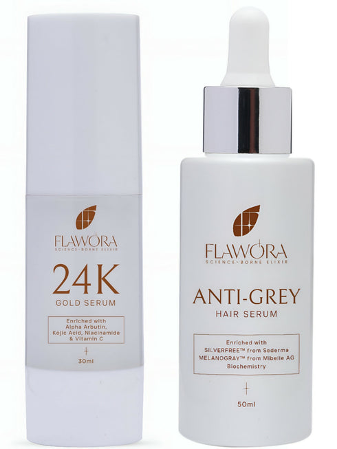 Flawora Anti-Grey Hair Serum For Reversing Grey Hair & Gold Face Serum For Brightening