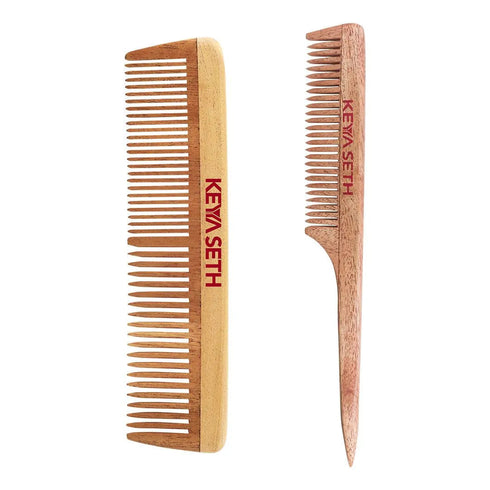 Keya Seth Aromatherapy Handmade Neem Wooden Comb Dual tooth & Tail Comb Combo