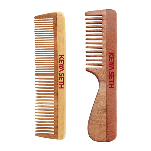 Keya Seth Aromatherapy Handmade Neem Wooden Comb Wide Tooth with Handle Combo
