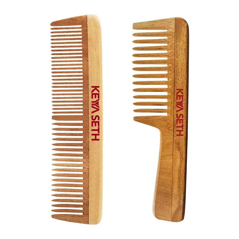 Keya Seth Aromatherapy Handmade Neem Wooden Comb Wide Tooth with Handles Combo