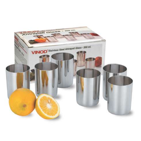 Vinod Stainless Steel Amrapali Glass Set of 6 350 ml with Highest Grade Steel Mirror Finish Easy to Clean Rust Free and Dishwasher Safe