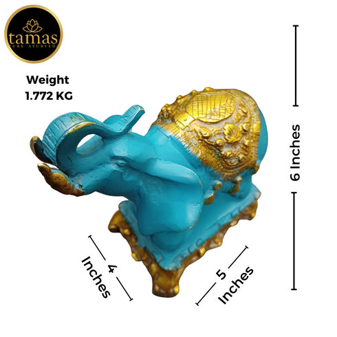 Tamas Brass Handcrafted Ethnic Elephant Showpiece Trunk Up Statue / Idol with Antique Finish (Golden & Blue) (Pack of 1)