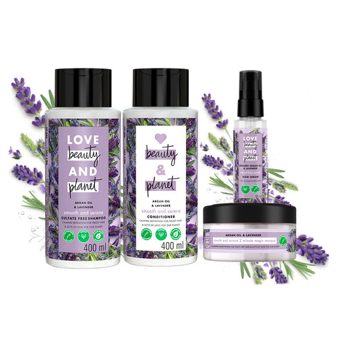 Love Beauty And Planet Natural Argan Oil and Lavender Anti-Frizz| Smoothening Combo - Shampoo| Conditioner | Mask and Serum