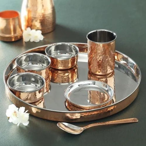 Copper Steel Dinner Thali Set 7 Pcs 2.03Kg