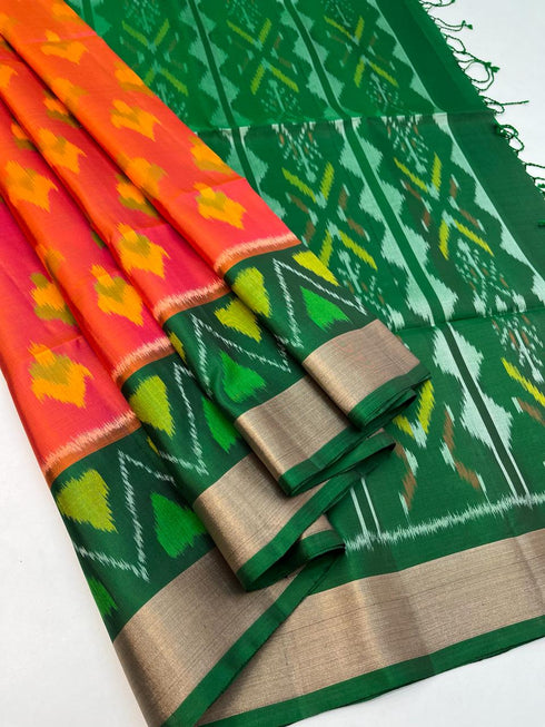 Prakruthi Swarnam Orange with Forest Green Double Warp Handloom Pochampally Ikkat Deisgn with Tie and Dye Concept Handloom Soft Silk Saree
