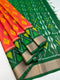 Prakruthi Swarnam Orange with Forest Green Double Warp Handloom Pochampally Ikkat Deisgn with Tie and Dye Concept Handloom Soft Silk Saree